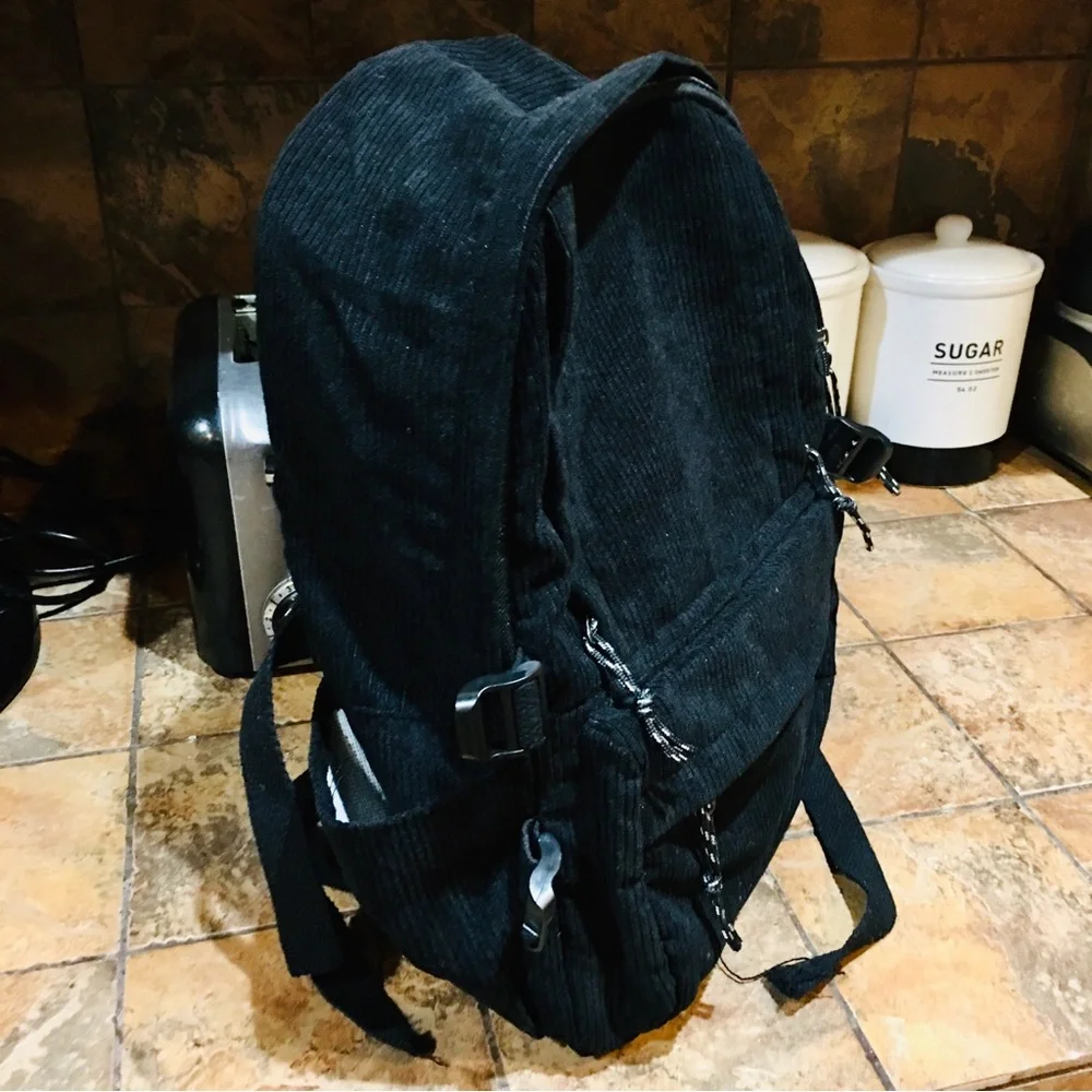 Black courderoy corduroy cotton ribbed knit backpack bag school college dorm